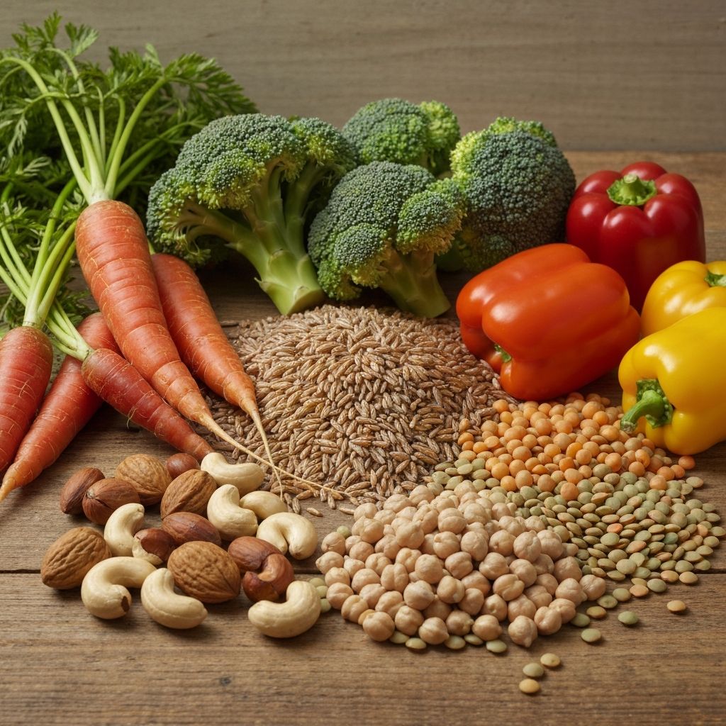 Various fresh vegetables and grains arranged on wooden surface